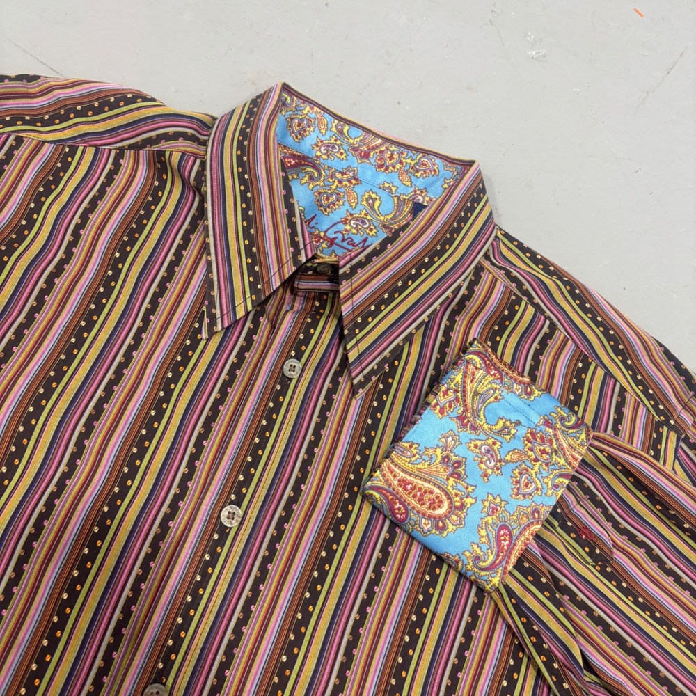 Robert Graham Mens XL Long Sleeve Striped Button Down Shirt Paisley Cuffs